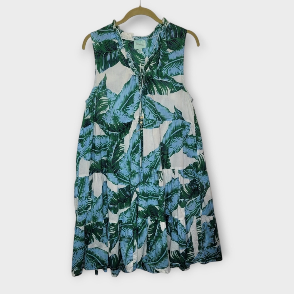 True Destinations Sleeveless Tiered Aline Dress XL White Green Palm Print